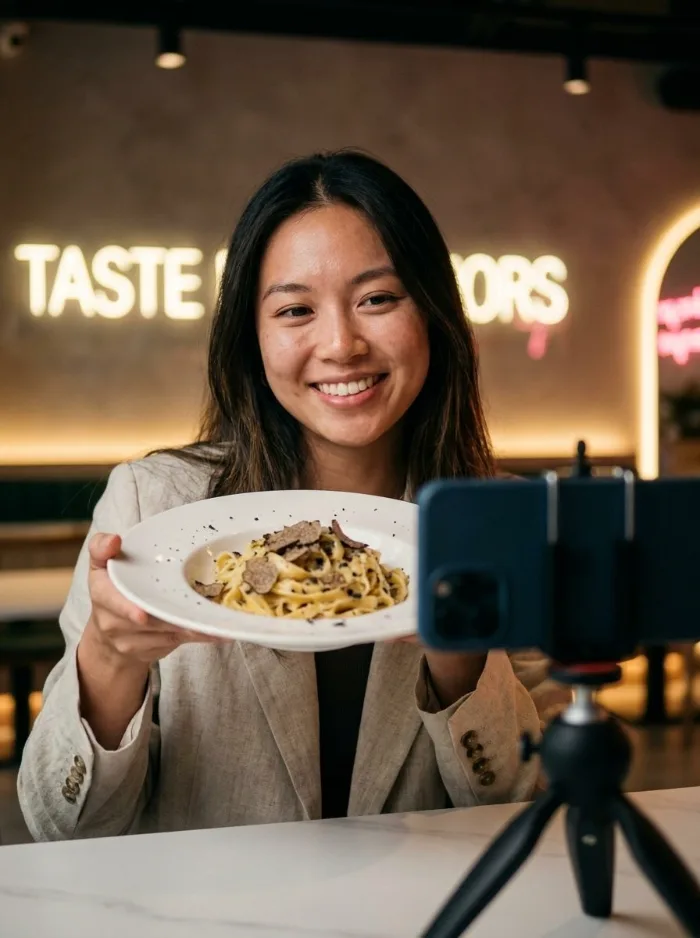 Food influencer tasting restaurant dishes