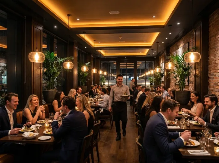 Packed restaurant dining room