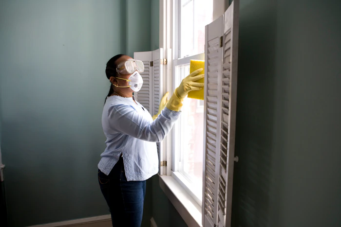 Restoration specialist cleaning a wall