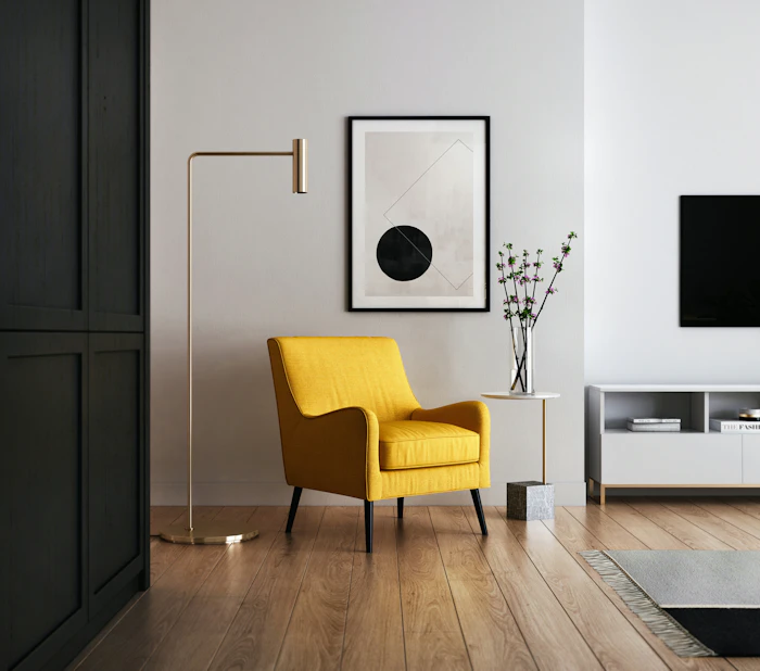 Designer living room with a yellow armchair