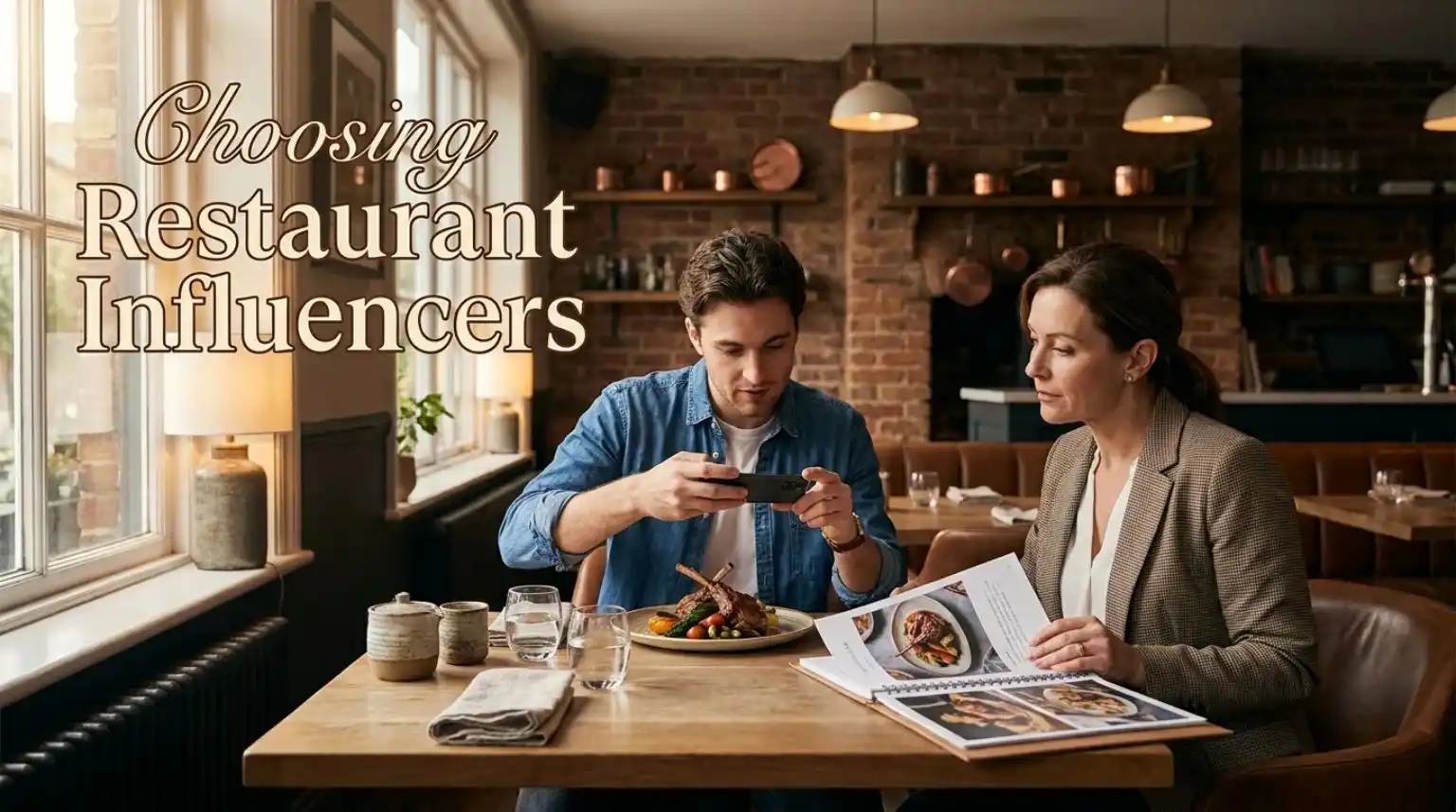 Restaurant manager reviewing food creator portfolios while a creator films a plated dish at a restaurant table.